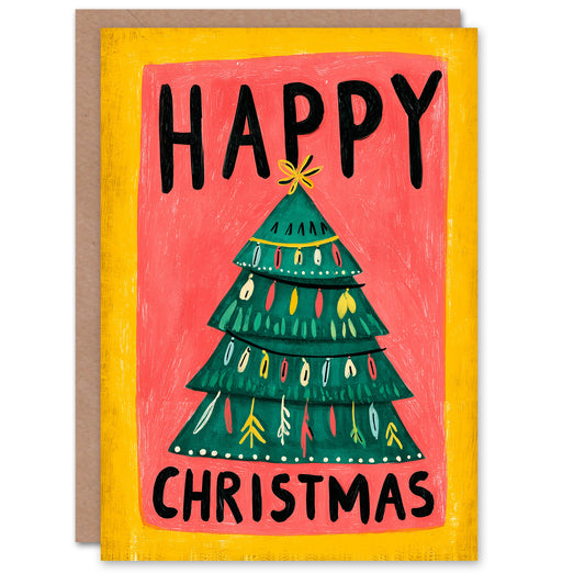 Christmas Card Decorated Tree Simple Colourful Retro Style