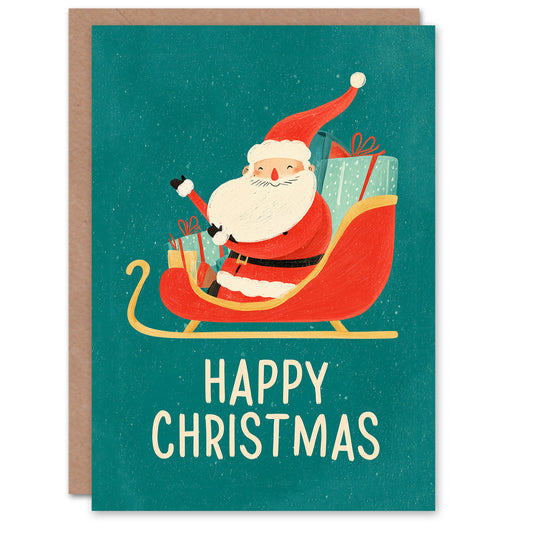 Christmas Card Jolly Santa Claus with Presents on Sleigh