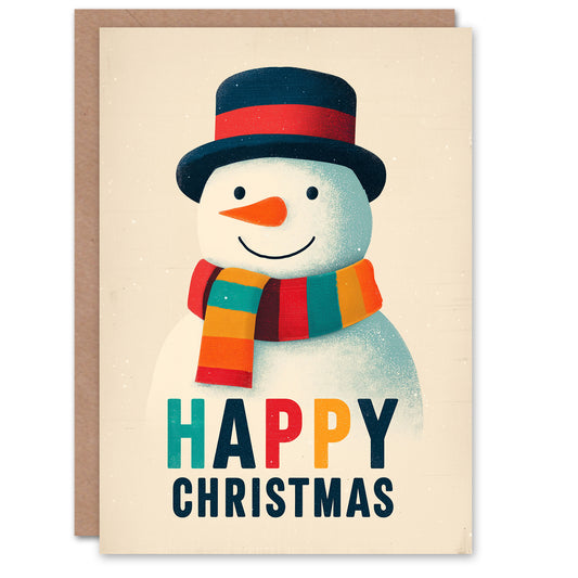 Christmas Card Cute Snowman With Colourful Winter Scarf and Hat