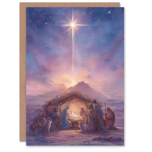 Christmas Card Watercolour Nativity Scene with Star of Bethlehem