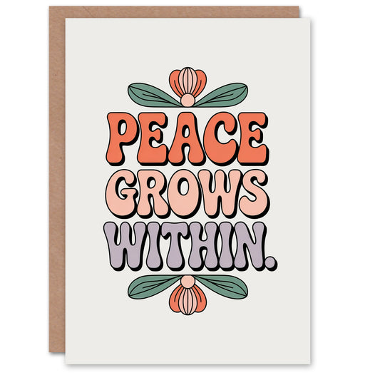 Peace Grows Within Retro Floral Typography Inspirational Greeting Card