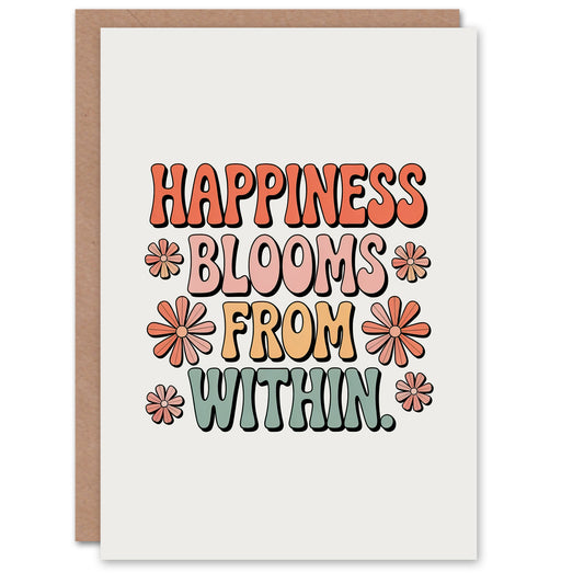 Happiness Blooms From Within Retro Floral Typography Inspirational Greeting Card