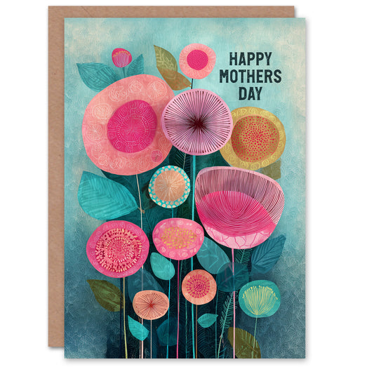 Happy Mother's Day Card For Mum Flowers Teal And Pink Blank Inside