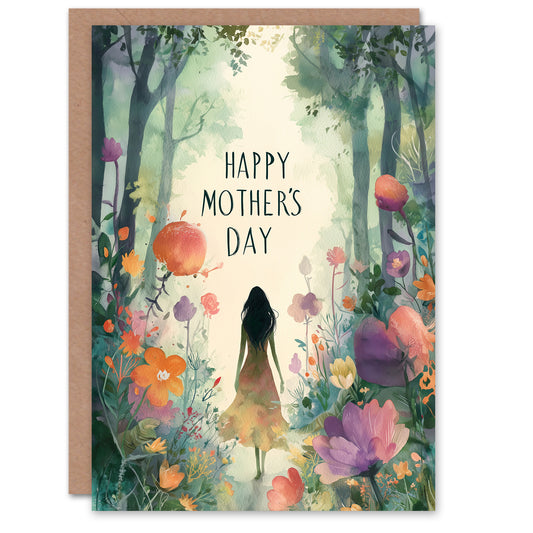 Happy Mother's Day Card For Mum Forest & Flowers Watercolour Blank Inside