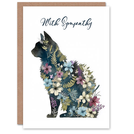 Cat Sympathy Greeting Card – Floral Design Pet Loss Card, Blank Inside