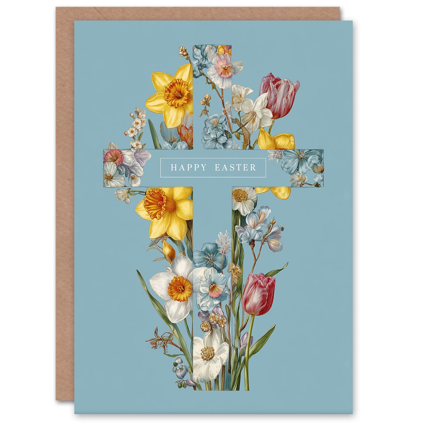 Happy Easter Greeting Card – Christian Floral Cross, Blank Inside