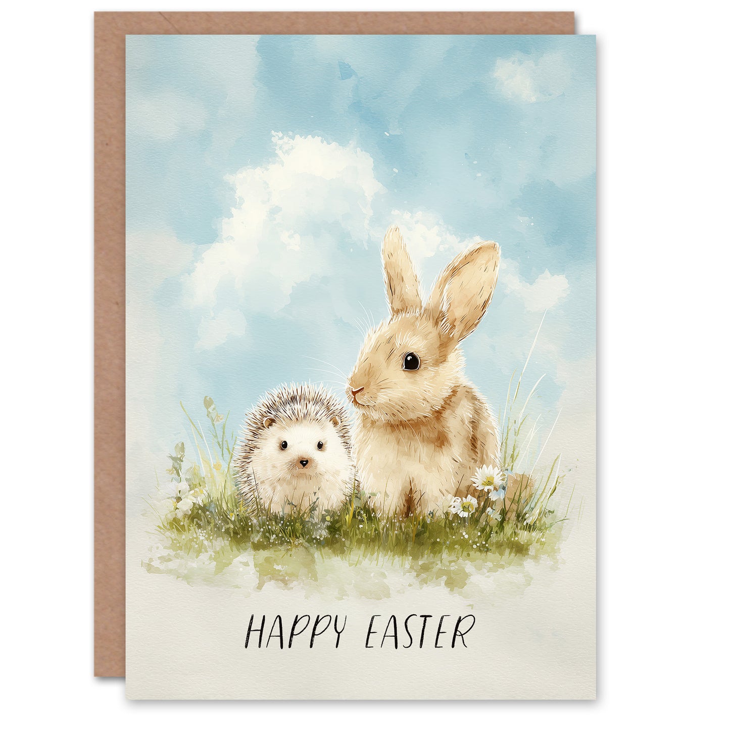 Happy Easter Greeting Card – Hedgehog and Bunny Rabbit, Blank Inside