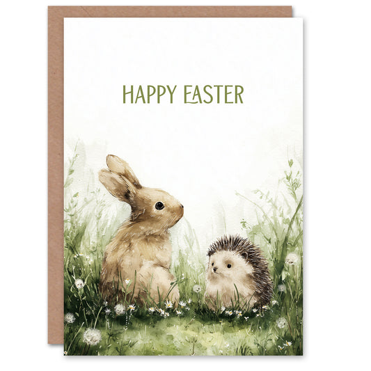 Happy Easter Greeting Card – Hedgehog and Rabbit, Blank Inside