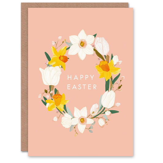 Happy Easter Greeting Card – Flower Wreath Simple Floral, Blank Inside