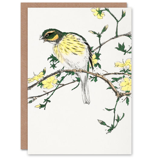 Numata Kashu Bunting Bird on Plum Tree Japanese Greetings Card