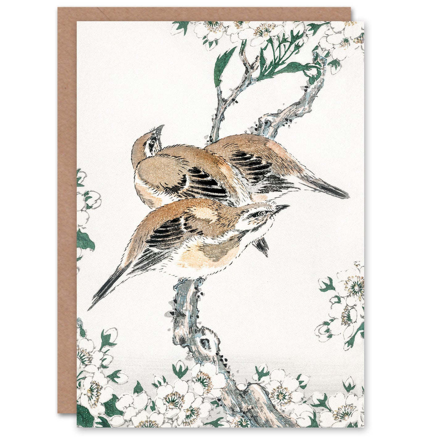 Numata Kashu Meadow Bunting and Pear Tree Flowers Greetings Card