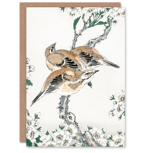 Numata Kashu Meadow Bunting and Pear Tree Flowers Greetings Card