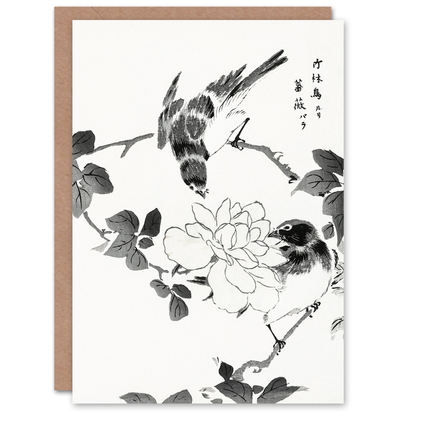 Numata Kashu Blue Robin and Rose Flower Japanese Greetings Card