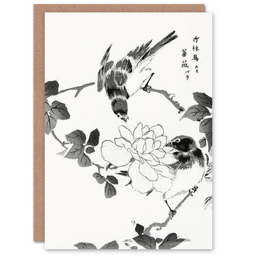 Numata Kashu Blue Robin and Rose Flower Japanese Greetings Card