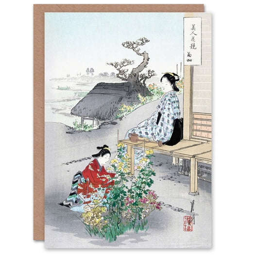 Ogata Gekko Japanese Caring For The Chrysanthemums Greetings Card