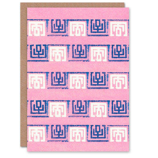 Furuya Korin Japanese Pink Blue Geometric Pattern Greetings Card