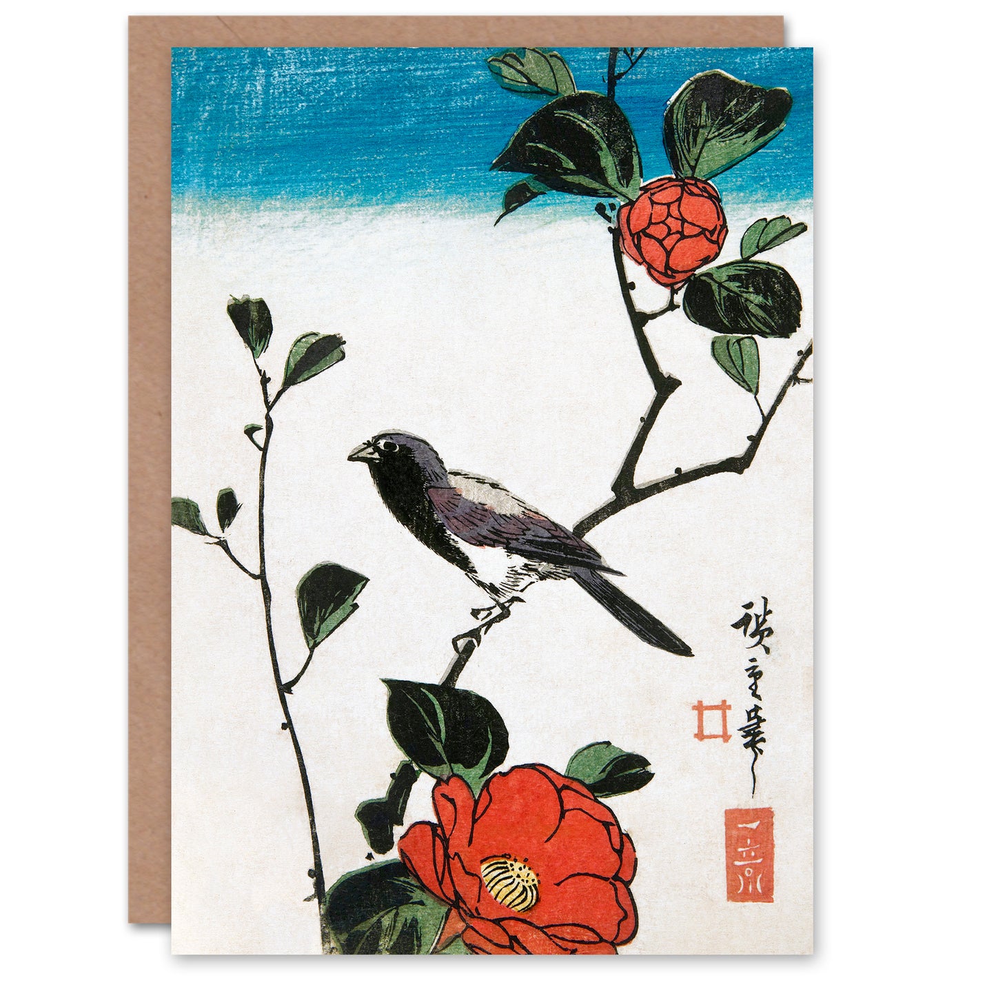 Utagawa Hiroshige Japanese Bird On Camellia Branch Greetings Card
