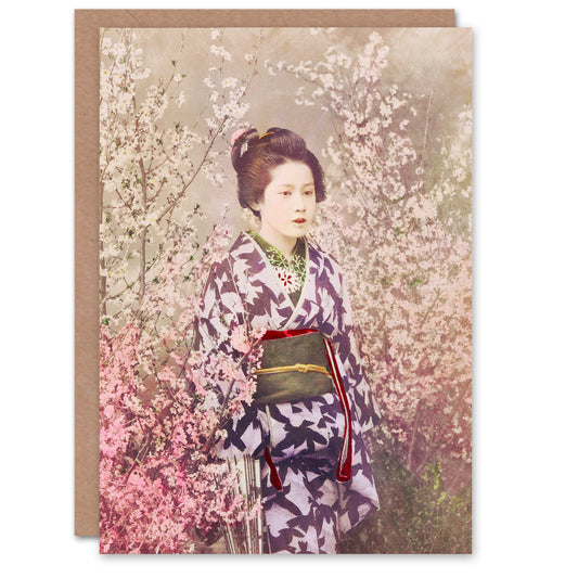 Ogawa Kazumasa Japanese Geisha And Cherry Blossom Greetings Card