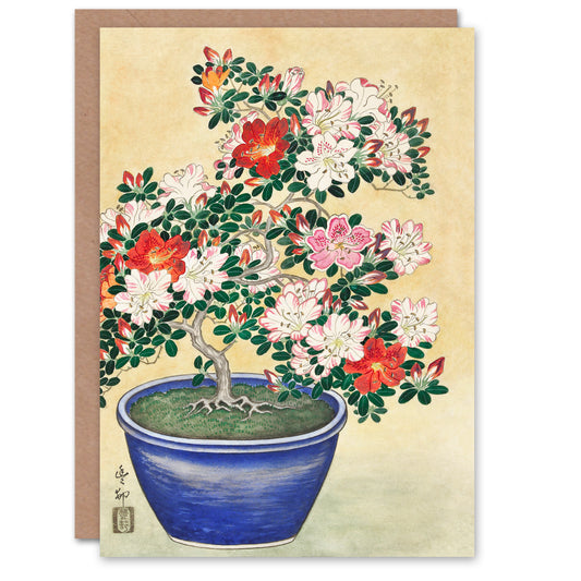Ohara Koson Japanese Blooming Azalea In Blue Pot Greetings Card