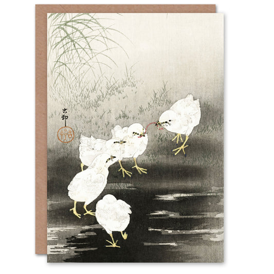 Ohara Koson Japanese Chicks Eating Worms Greetings Card