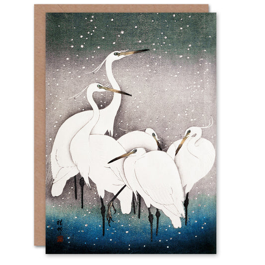 Ohara Koson Japanese Group Of Egrets in Falling Snow Greetings Card