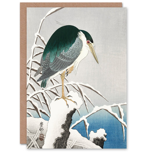 Ohara Koson Japanese Heron In Snow Vintage Bird Ukiyo-e Greetings Card
