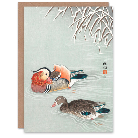 Ohara Koson Japanese Two Mandarin Ducks in Snow Greetings Card