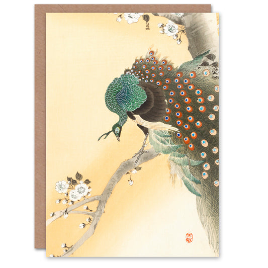 Ohara Koson Japanese Peacock On A Cherry Blossom Tree Greetings Card