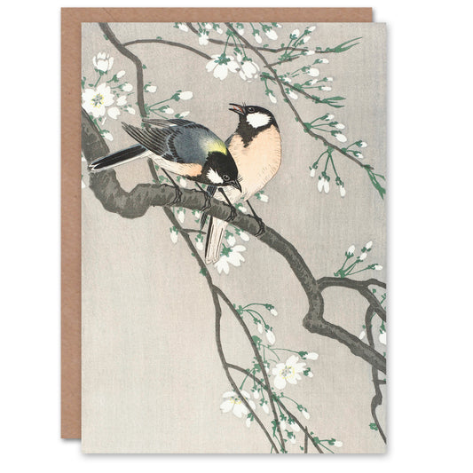 Ohara Koson Japanese Tits Birds On Blooming Cherry Branch Greetings Card
