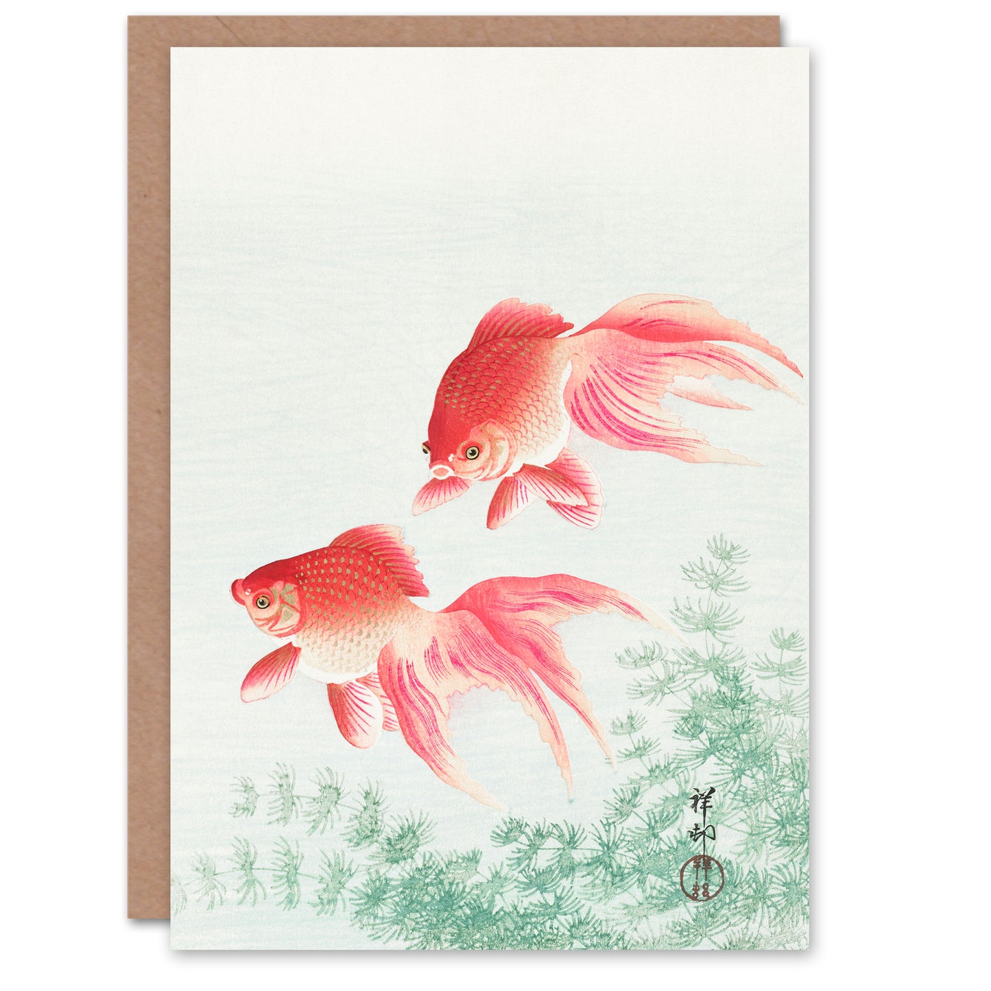 Ohara Koson Japanese Two Veiltail Goldfish in Pond Greetings Card