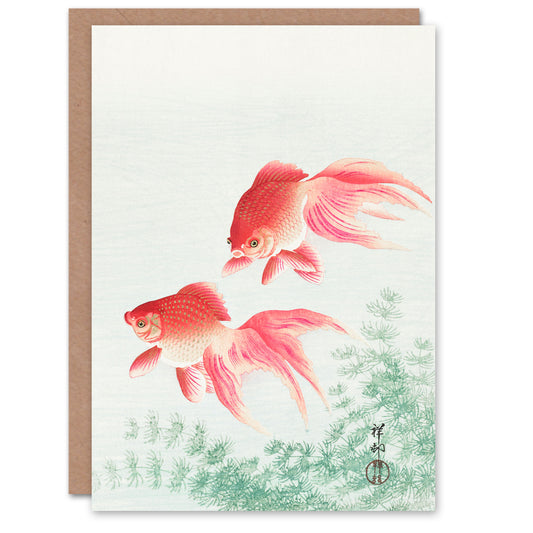 Ohara Koson Japanese Two Veiltail Goldfish in Pond Greetings Card