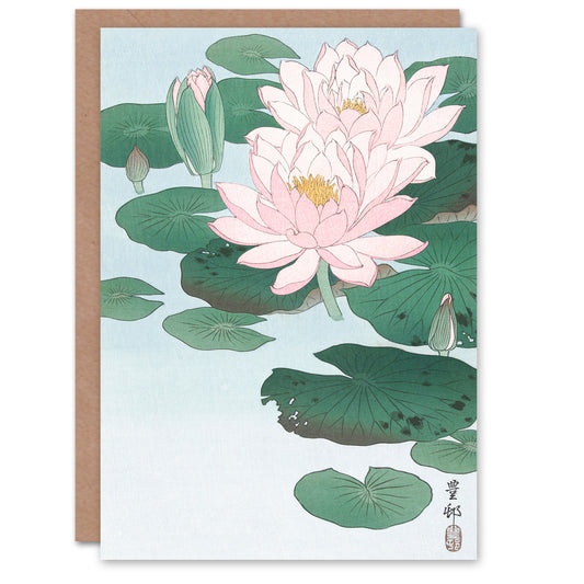 Ohara Koson Japanese Water Lily Pads Pink Flower Bloom Greetings Card