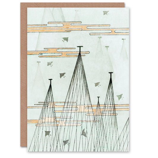 Shin Bijutsukai Japanese Skyscape With Birds Flying Greetings Card