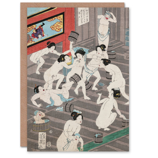 Toyohara Kunichika Japanese Fight In Women's Public Bath Greetings Card