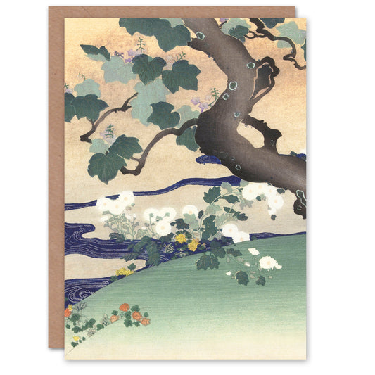 Kogyo Tsukioka Japanese Tree And Chrysanthemums Greetings Card