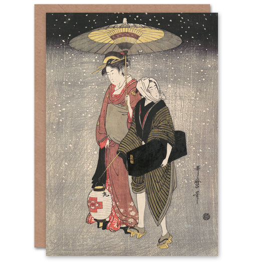 Kitagawa Japanese Geisha Walking Through Snow At Night Greetings Card