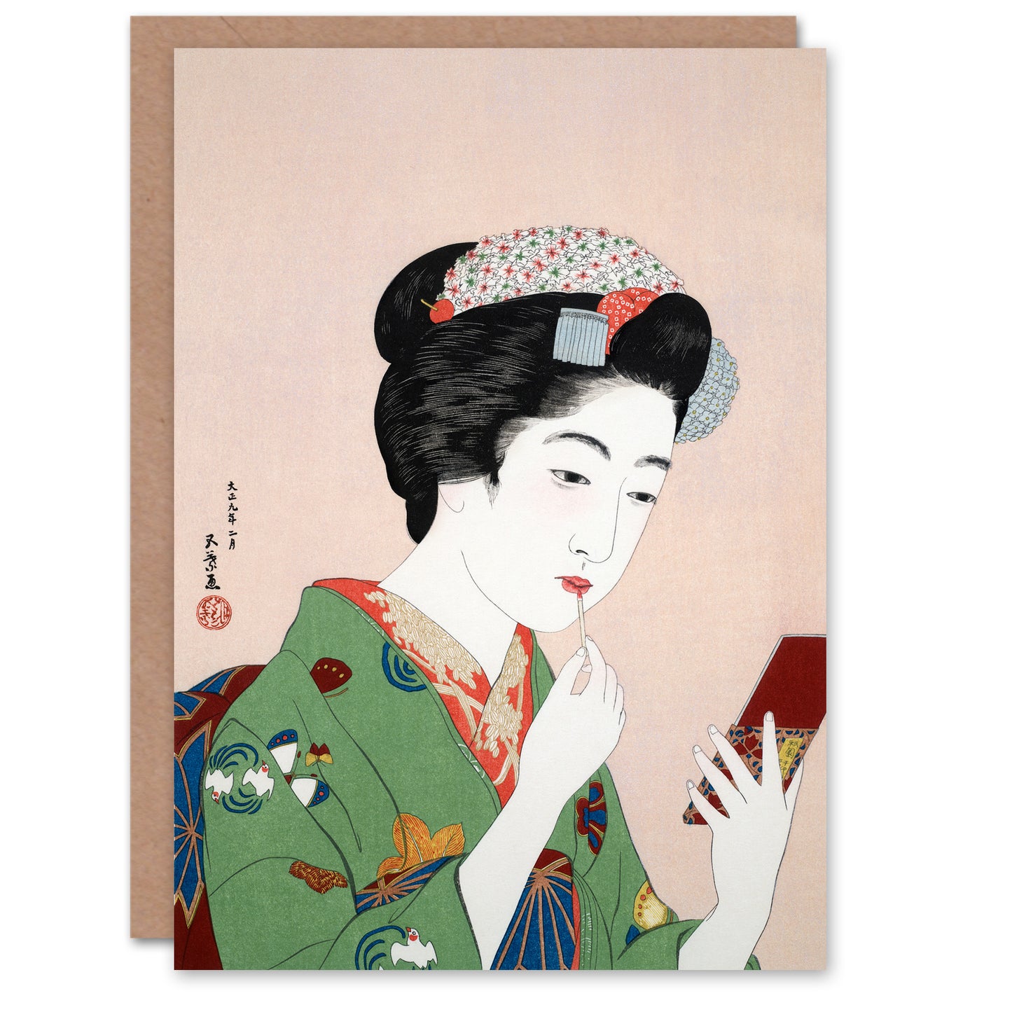 Goyo Hashiguchi Japanese Woman Applying Rouge Lipstick Greetings Card