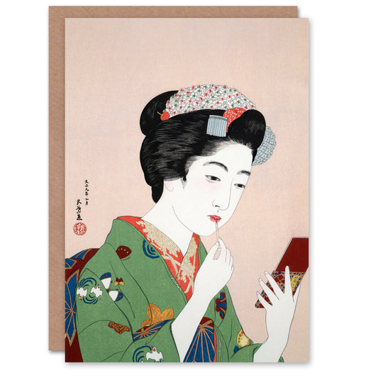 Goyo Hashiguchi Japanese Woman Applying Rouge Lipstick Greetings Card