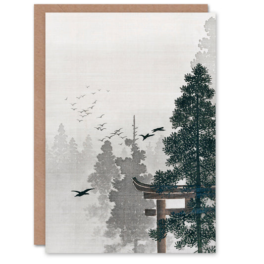 Ohara Koson Flock Of Birds And A Torii Gate Greetings Card