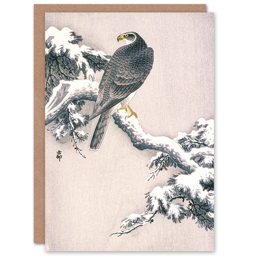Ohara Koson Goshawk On Snow Covered Pine Greetings Card