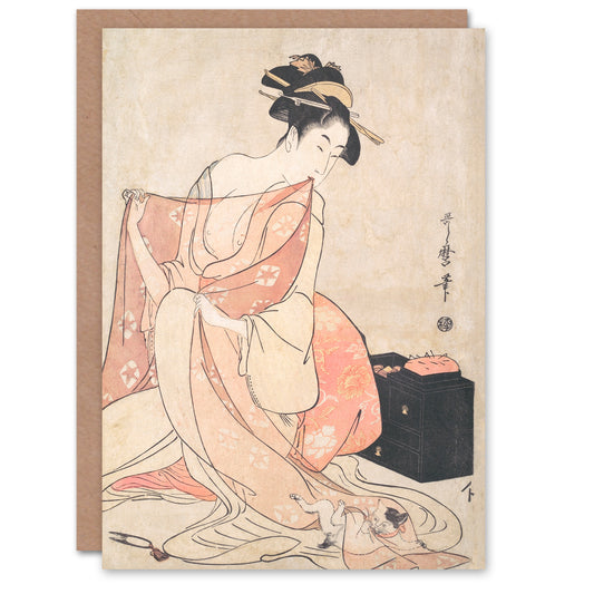 Utamaro Kitagawa Woman And Cat Vintage Japanese Greetings Card