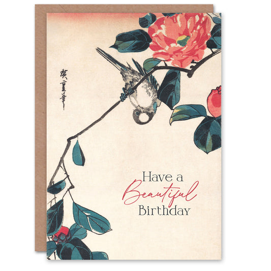 Utagawa Hiroshige Japanese Camellia And Bullfinch Bird Birthday Card
