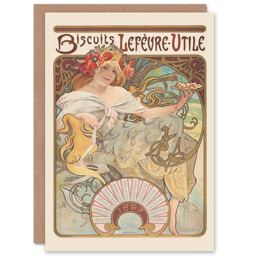Alphonse Mucha Biscuits Lefevre Utile Vintage Advert Greetings Card