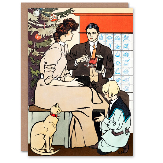 Edward Penfield Vintage Christmas Family Scene Greetings Card