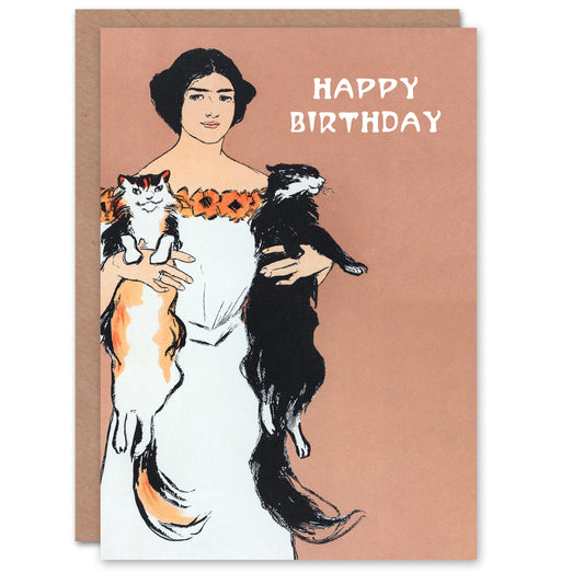 Edward Penfield Woman Holding Two Cats Drawing Happy Birthday Card