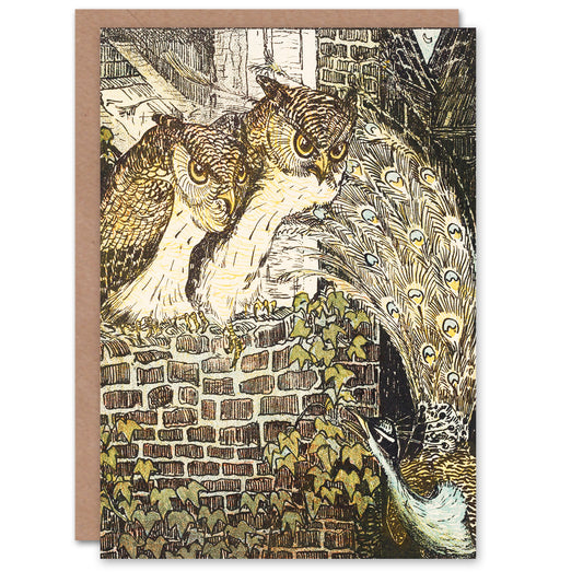 Theo van Hoytema Two Owls on a Wall and Peacock Greetings Card