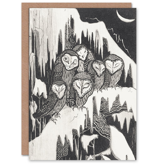 Theo van Hoytema Six Owls on Snow Covered Tree Greetings Card