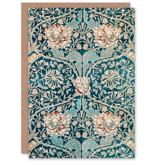 William Morris Honeysuckle Pink Blue Pattern Greetings Card