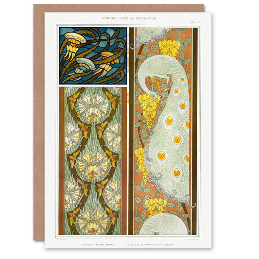 Verneuil Peacock Jellyfish Lily Nouveau Patterns Greetings Card