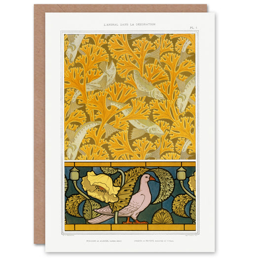 Maurice Pillard Verneuil Poppy Pigeon and Coral Fish Patterns Greetings Card